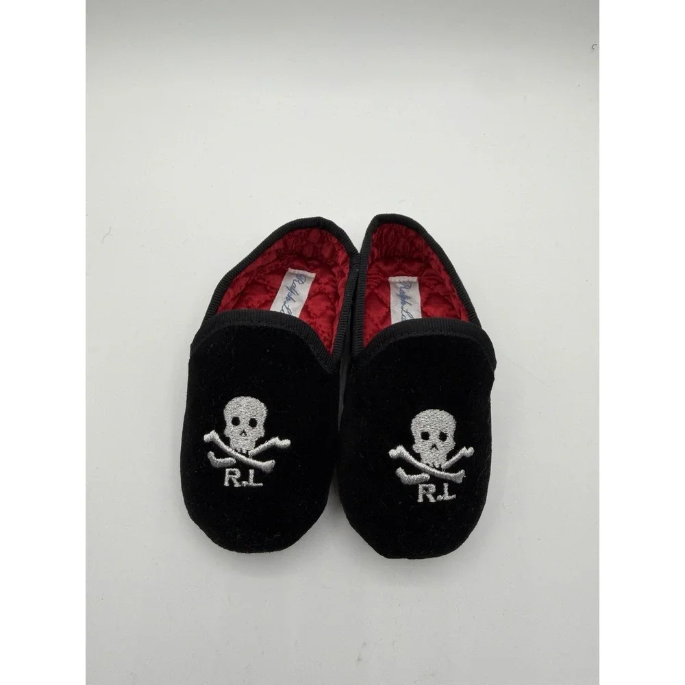 Ralph Lauren Skull Velvet Slippers Black Toddler Size 3 Pre-Owned No Box